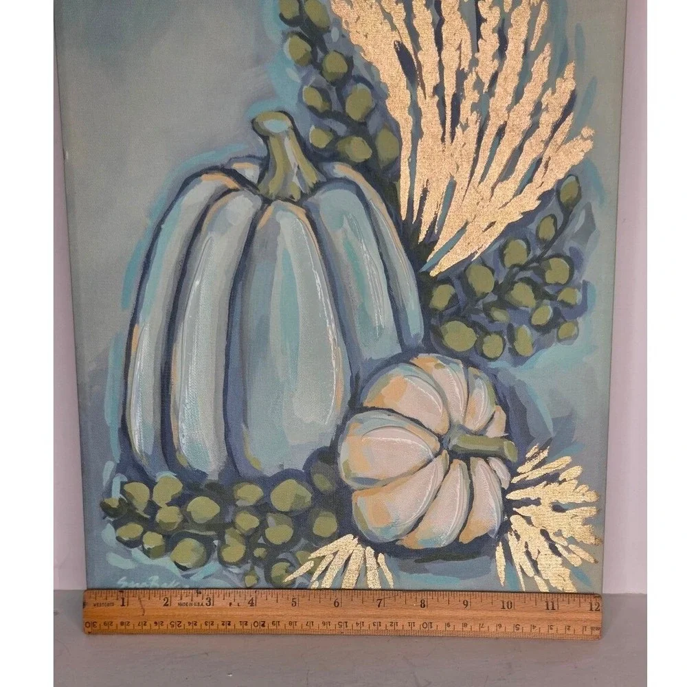 Fall Blue Pumpkin Painted Canvas Wall Art‎ Shabby Chic Signed Sara Baker